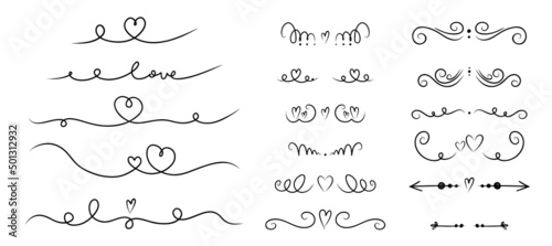 Heart divider set. Hand drawn swirl line borders, hearts and love letters, romantic valentines or wedding decoration, simple style decor, vector isolated collection