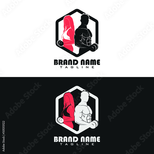 Fitness club logo or emblem with woman and man silhouettes. Woman and Man holds dumbbells. Isolated on white and black background.