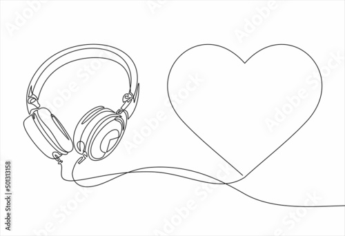 Abstract headphones with heart as continuous lines drawing on white background. Vector