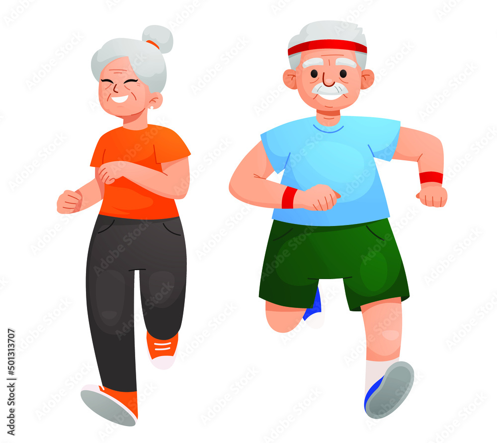 Old man and woman Running Along Street Side Doing Sport. Pensioners Outdoors Activity and Sport,  Fitness, Healthy Lifestyle. Cartoon People Vector Illustration. elderly couple
