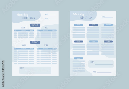 Monthly and weekly budget planner with abstract details in blue colors	