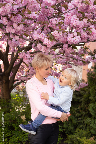 young mother and little baby boy son having fun in spring park near pink sakura blooming tree. Spring concept