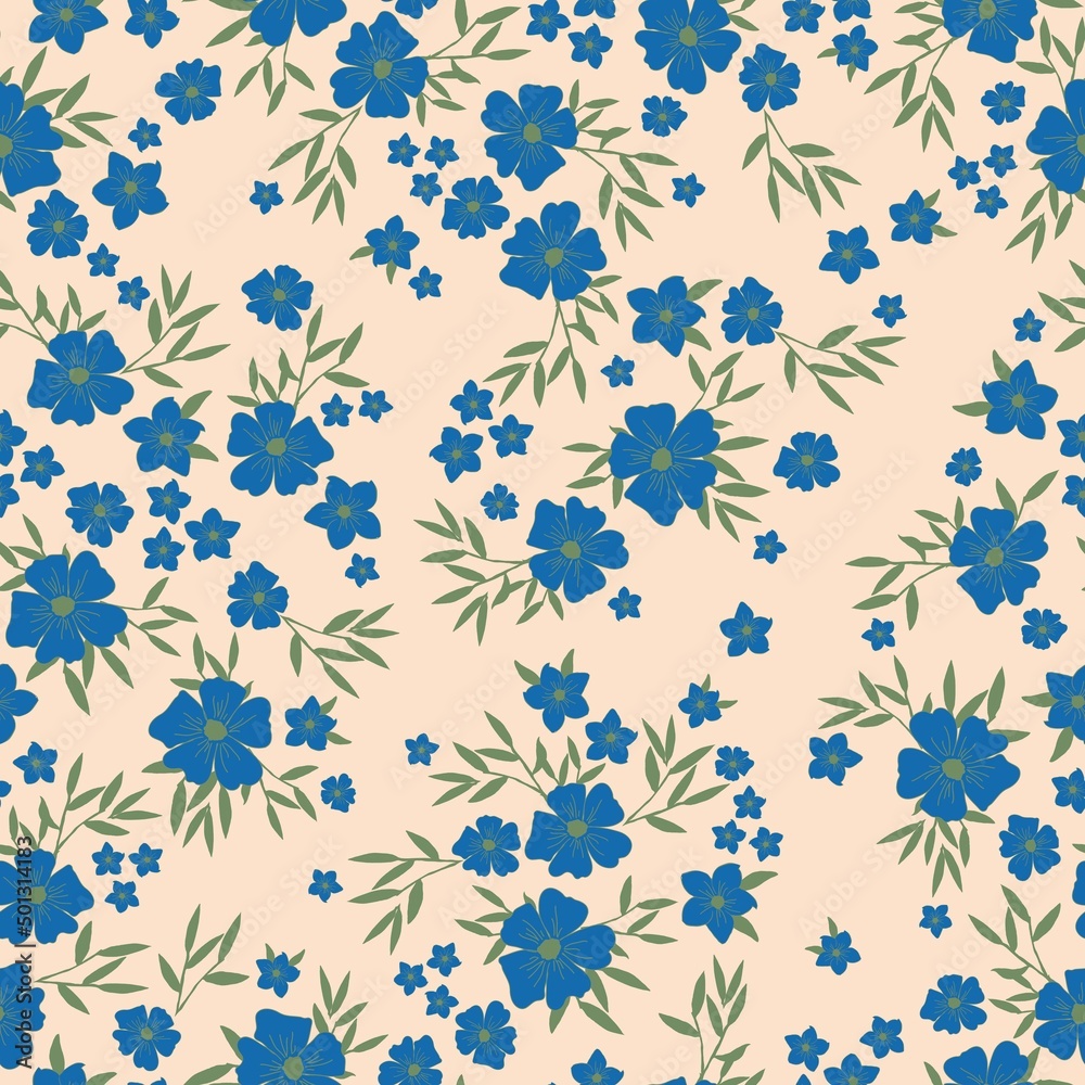 Seamless vintage pattern. Blue flowers, green leaves. Beige background. vector texture. fashionable print for textiles, wallpaper and packaging.