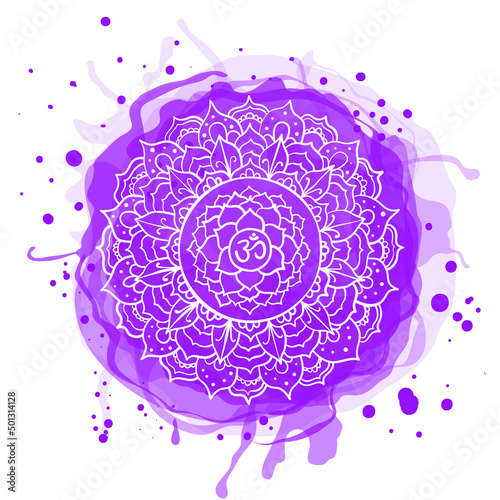 Sahasrara chakra. Watercolor blot. Hand drawn sloppy vector art. Om sign. Purple circle. Sacral icon. Meditation