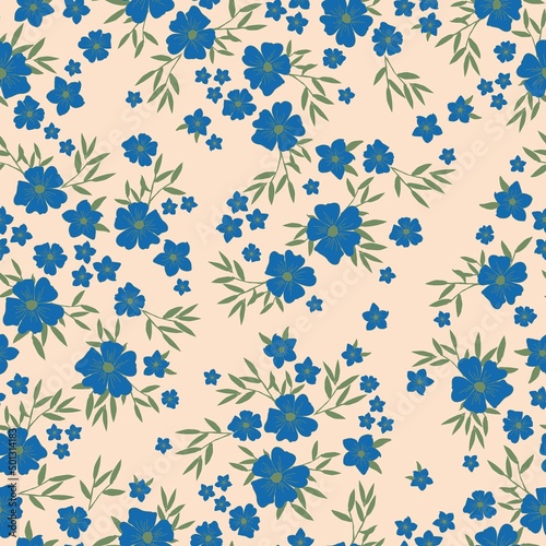 Seamless vintage pattern. Blue flowers  green leaves. Beige background. vector texture. fashionable print for textiles  wallpaper and packaging.