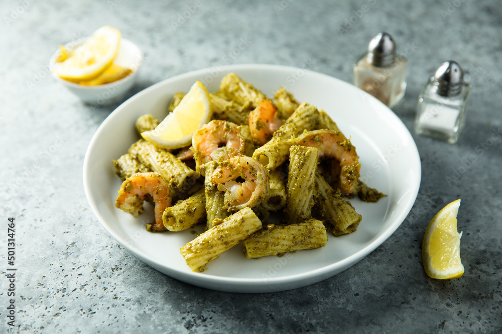 Pasta with pesto sauce and shrimps Pasta with pesto sauce and shrimps