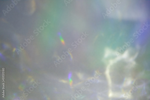 Blurred rainbow light refraction texture overlay effect for photo and mockups. Organic drop diagonal holographic flare on a white wall. Shadows for natural light effects © Aleksandra Konoplya