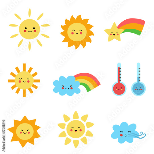 Cute weather elements on white background in cartoon style.