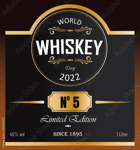 Vectorial illustration simulating a whisky bottle label for the celebration of World Whisky Day. May 15th