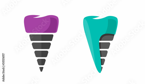 shImplant dental icon flat vector isolated object, artificial false tooth cutout for prosthesis denture technology graphic cartoon illustration, implantology element root crown closeup image