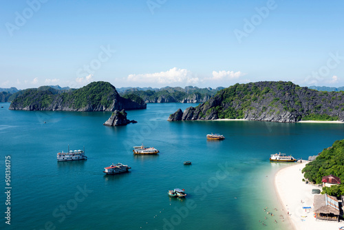 Aerial view beach of the island of monkey in the Monkey Island, Halong Bay, Vietnam