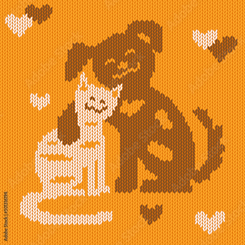 Seamless pattern with friendly dog and cat in orange-brown tones imitating knitted fabric © Julia Shinova