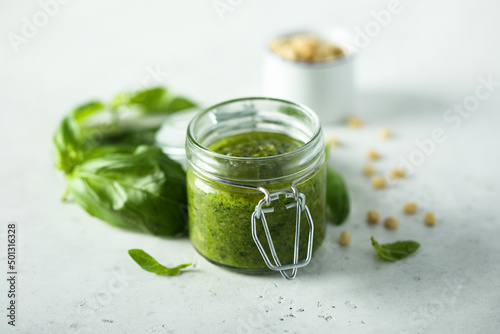 Traditional homemade pesto sauce, canned