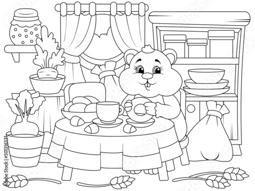 Cheerful hamster eats in the kitchen, home interior. Children coloring book.