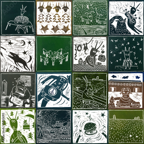 Checkered seamless pattern with animals. Set of hand drawn gazelle, sheep, cow, linocut technique. photo