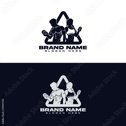 Fitness club logo or emblem with woman and man silhouettes. Woman and Man holds dumbbells. Isolated on white and black background.