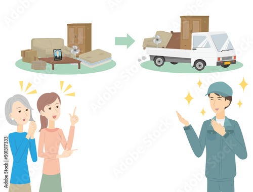 遺品整理を丁寧誠実に行う笑顔の業者と喜ぶ親子