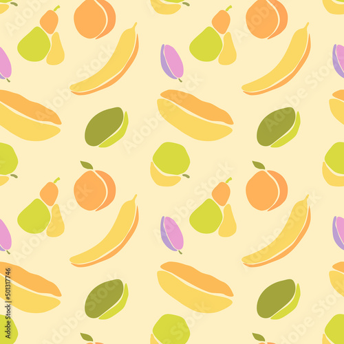 Fruit pattern in Boho style  pear orange melon plum banana kiwi apple. Vector illustration