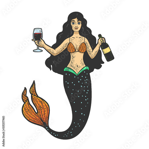 mermaid with glass and bottle of wine line art color sketch engraving vector illustration. T-shirt apparel print design. Scratch board imitation. Black and white hand drawn image.