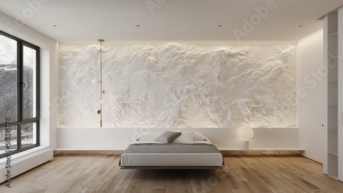 3d rendering of bedroom with stone wall and view to mountains	
