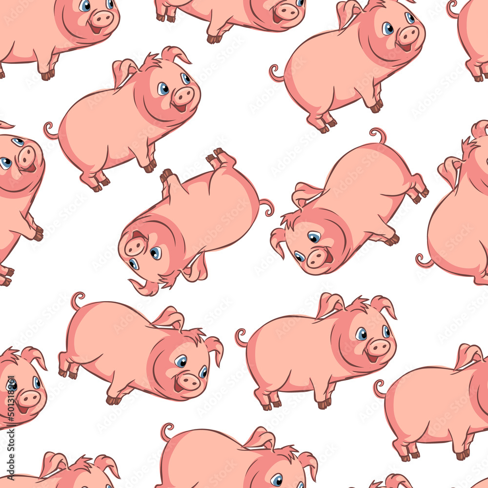 Seamless pattern with funny piglets. Comic characters on a white background. Children's print with animals. Cartoon style, vector illustration.