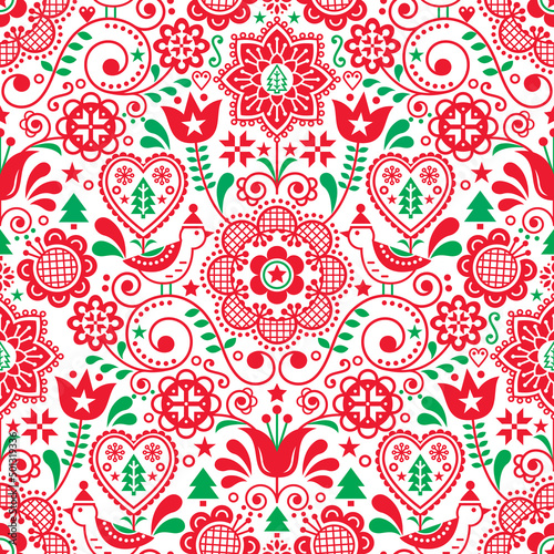 Christmas seamless folk art vector pattern with birds in winter hats, snowflakes, Christmas trees and flowers, Scandinavian festive floral design in red and green
