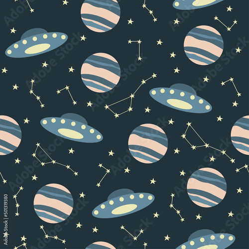 pattern with space theme. seamless pattern with flying saucers, planets and constellations