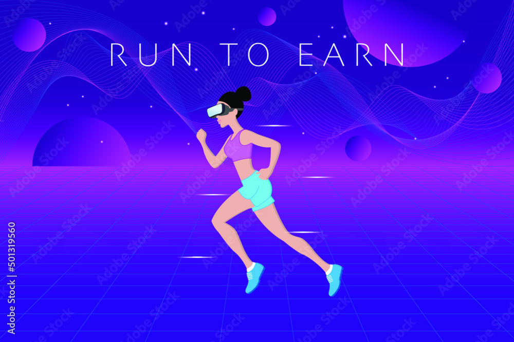 Run to earn, NFT games in metaverse concept. Woman wearing virtual reality goggles and running on futuristic neon background.