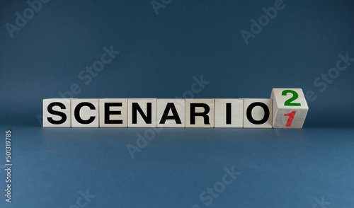 Cubes form the words Scenario 1 to Scenario 2. The concept of developing scenarios and an action plan photo