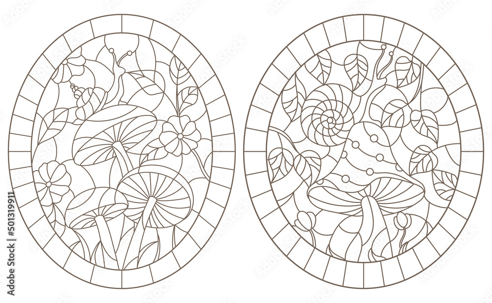 Set contour illustrations in the stained glass style snail on mushroom, dark outline on a white background Set contour illustrations in the stained glass style snail on mushroom, dark outline on a white background