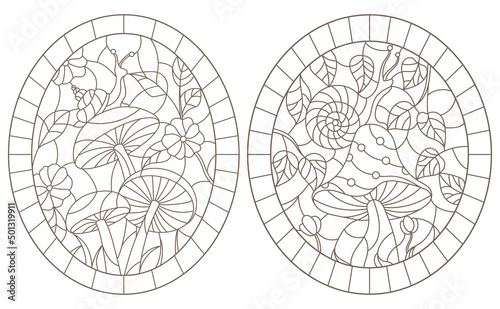 Set contour illustrations in the stained glass style snail on mushroom, dark outline on a white background