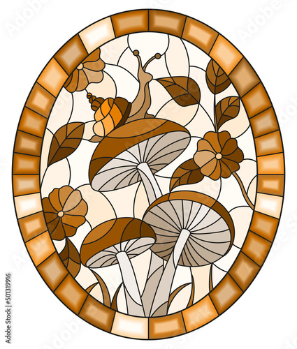 Illustration in stained glass style snail on a blue mushroom , on the background branches with leaves and grass ,oval image, tone brown