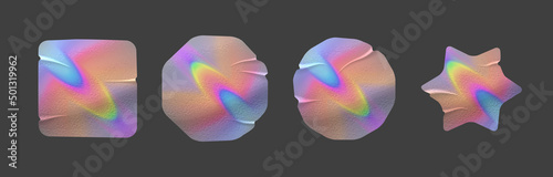 Holographic rainbow metallic sticker with folds realistic textured mockups. Authenticity metal emblem or official holography label. Vector guarantee certification metallic icon. Quality badge template