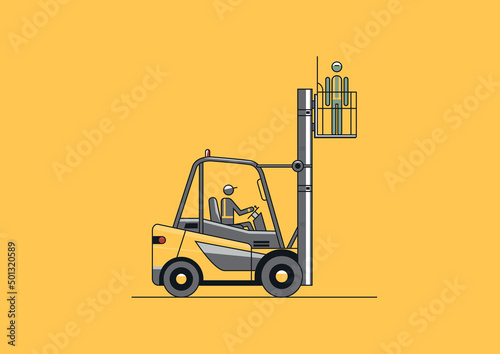 Forklift equipped with safety cage. Flat line vector design of forklift with the operator and load.