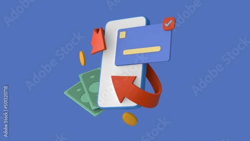 Bank card and smartphone concept of cashback and money back icons. Blue background cartoon style. Wallet, dollar bill and stack of coins, online payment on a pink background. 3d render illustration © volodyar
