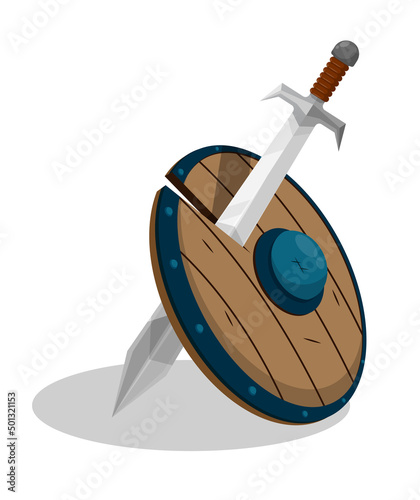 Warrior sword split Viking wooden shield. Deadly attack, defeat in medieval battle. Cartoon vector isolated on white background