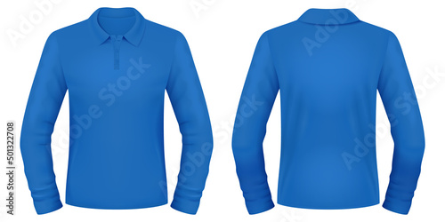 Blank blue polo long sleeve shirt template. Front and back views. Vector illustration.