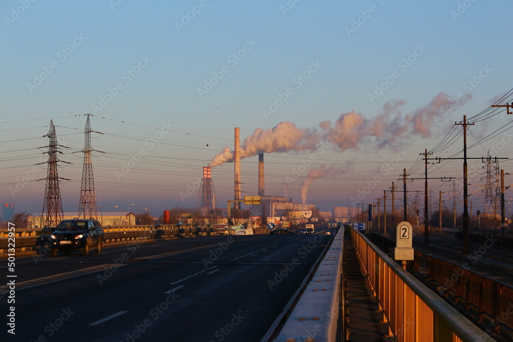 Fototapeta premium Pollution.industry metallurgical plant dawn smoke smog emissions bad ecology.