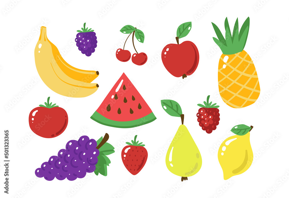 Bunch of fruit icons in flat design. Watermelon, bananas, apple, pineapple. Cartoon cartoon illustrations of healthy vegetarian food isolated on white background. Bunch of fruit icons in flat design. Watermelon, bananas, apple, pineapple. Cartoon cartoon illustrations of healthy vegetarian food isolated on white background.