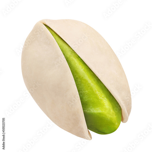 Single pistachio, isolated on white background