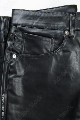  black vegan leather trousers close up view - Image