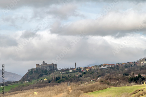 Panoramic view of the Bardi castle which dominates the town of the same name in the province of Parma, Italy