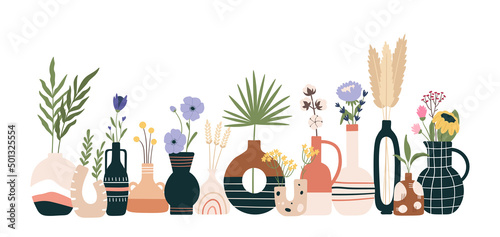 Floral vases of collection poster, flowers and plant