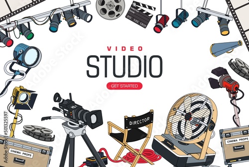 Background mockup for video studio. Poster design with a set of equipment and tools for the film industry and filming video clips. Vector illustration