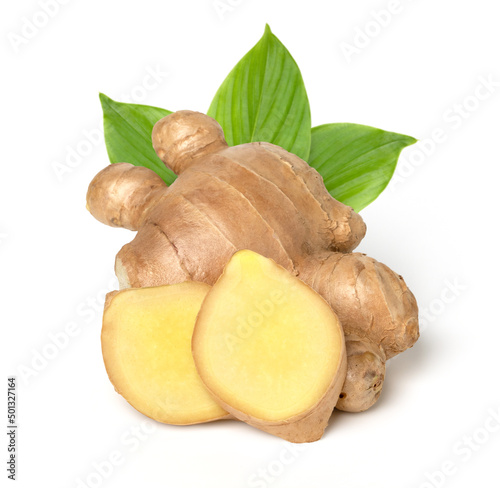 Close up, Fresh ginger  root  with sliced and green leaves isolated on white background