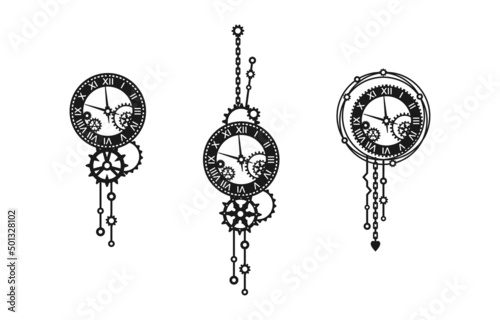 Set of black and white clocks with gears, cogwheels and chain on a white Mechanism. Steampunk. Decorative elements for a holiday greeting card, banner, poster, signage, label, laser or plotter cutting