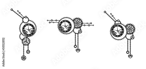 Vintage set of black and white decorative elements with clocks, gears, cogwheels and chains on a white. Mechanism. Steampunk. Vector design template for holiday greeting card, banner, poster, signage