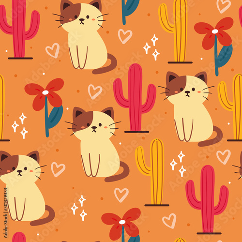 seamless pattern hand drawing cartoon cat and flower. animal drawing for fabric print, textile, gift wrap paper