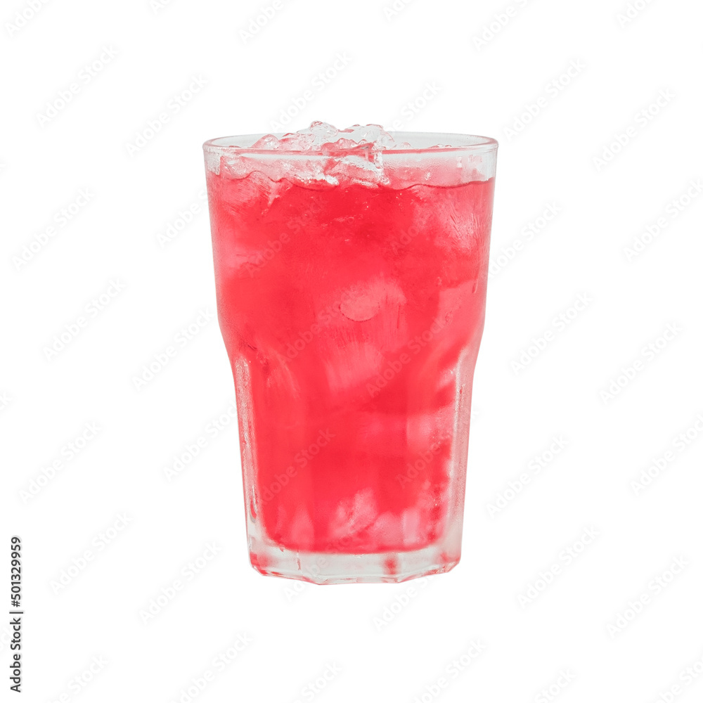 red soda cool drink in glass with ice cube isolated on white background with Clipping Path