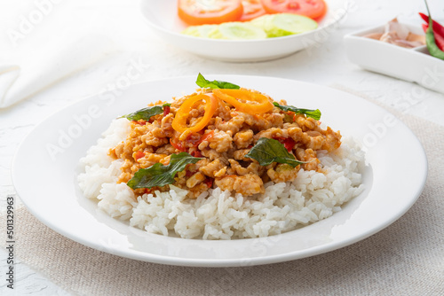 Rice topped with stir-fried minced chicken and basil (Gai Pad Grapow).asian food
